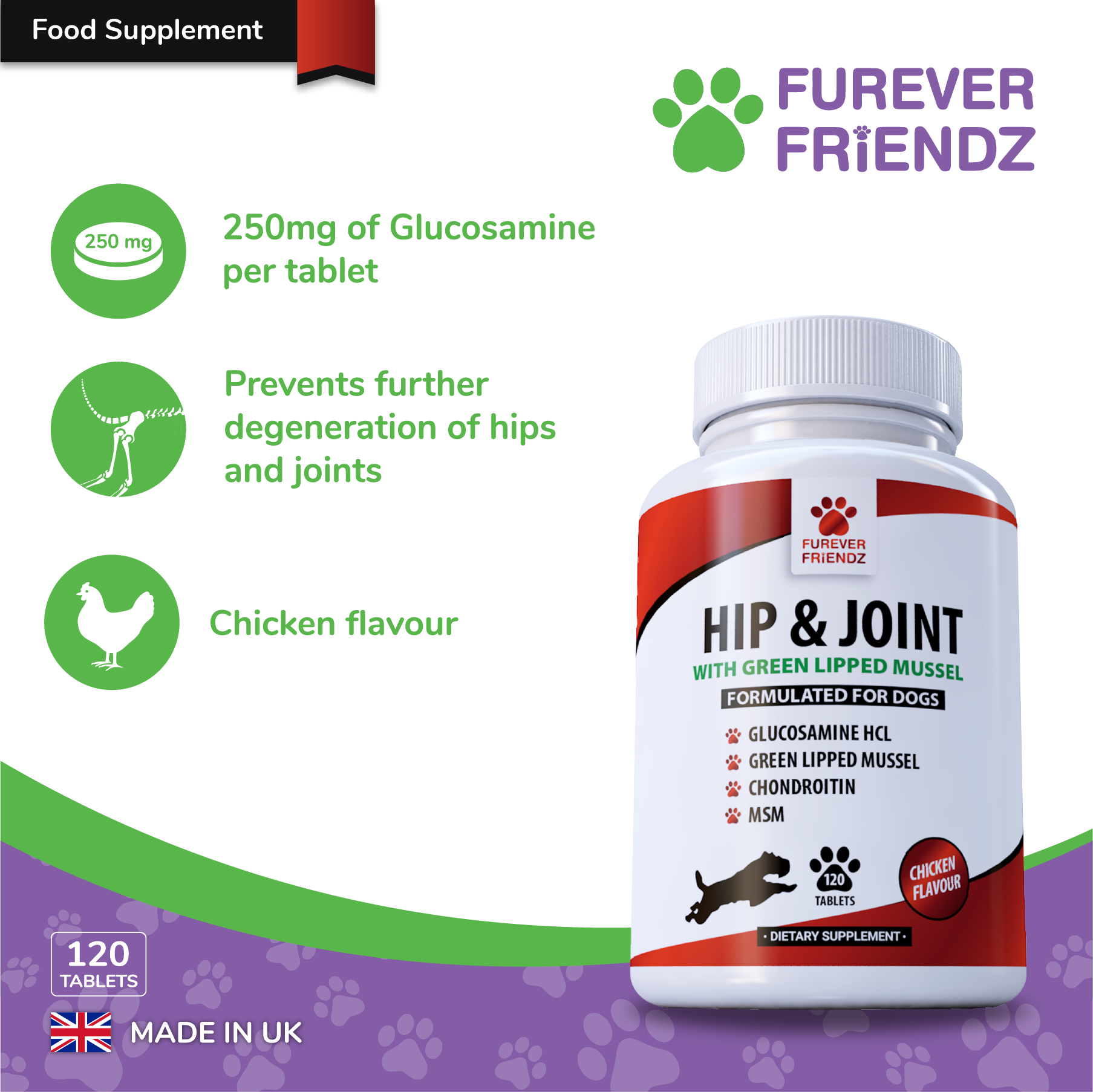 Glucosamine for Dogs with Green Lipped Mussel, Chondroitin, MSM & Vitamin C (Chicken Flavour Tablets)
