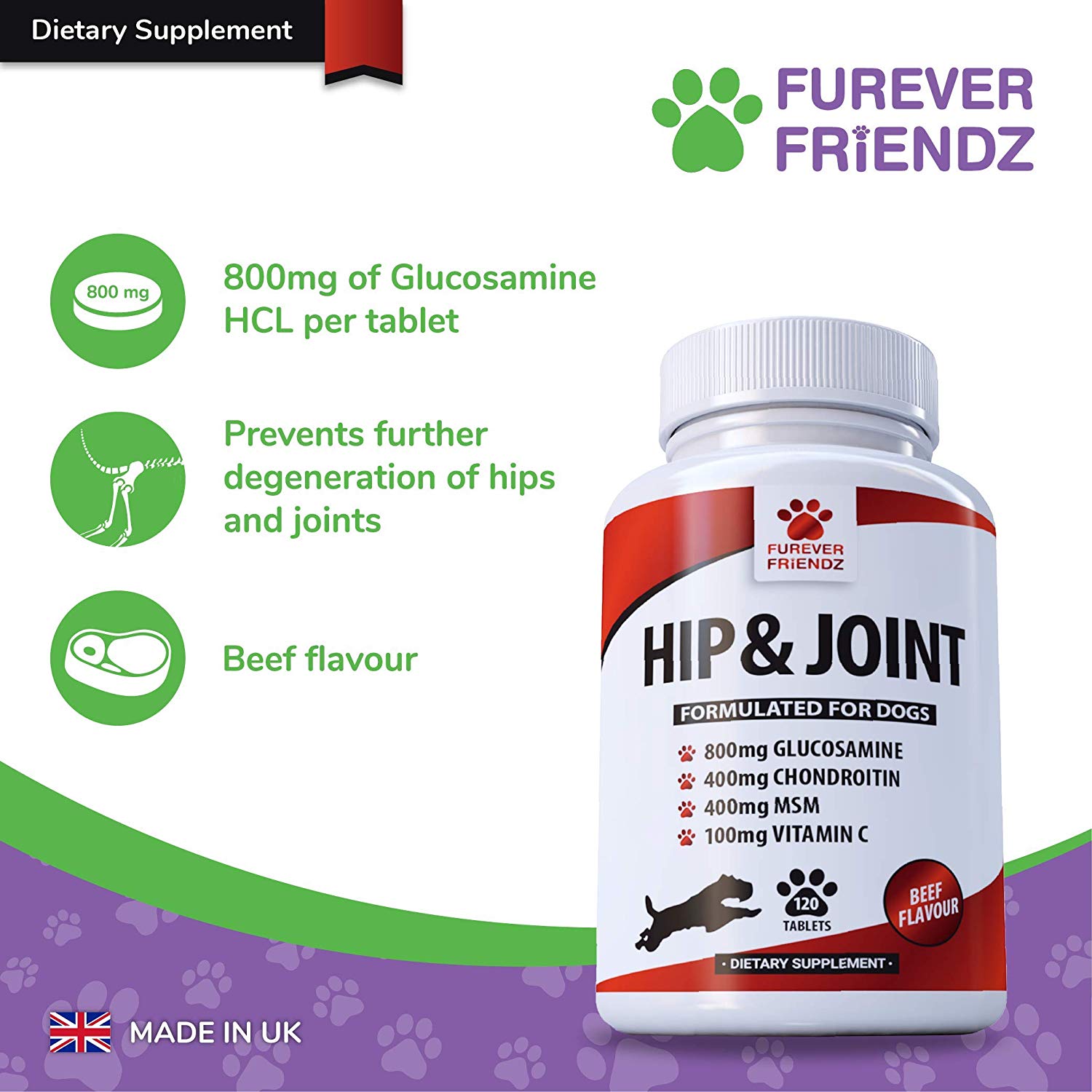 Triple Stength 800mg Glucosamine for Dogs with Chondroitin, MSM & Vitamin C (Beef Flavour Tablets)